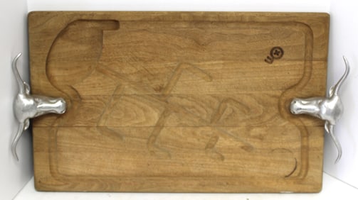 Signed Bruce Fox hardwood cutting board w steer head handles - 24" x 15" without handles
