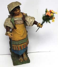 Large ca 1885 signed Friedrich Goldscheider polychrome terra cotta figure of an Austrian maiden -