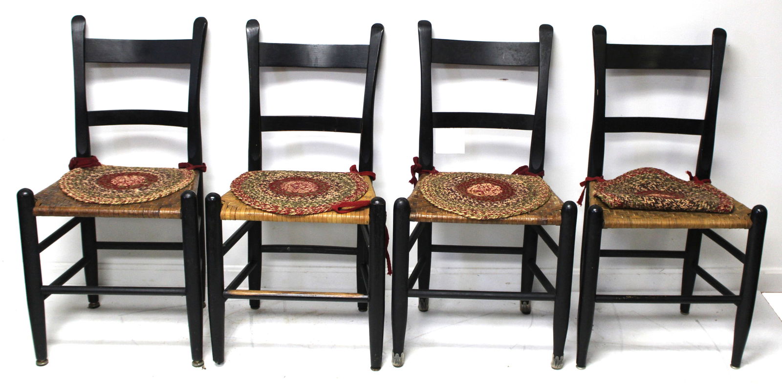 Set of 4 Hitchcock style dining chairs w splint seats in black paint - 34" tall x 18" seat height (1 of 7)