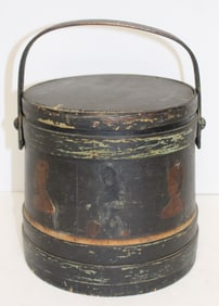 Antique firkin bucket w lid in black over blue/green paint w applied Victorian scrap decoration - 9