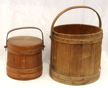 Lot of 2 antique firkin buckets - 1 w lid - in natural surfaces - 10" tall x 10" diam & 14" tall x