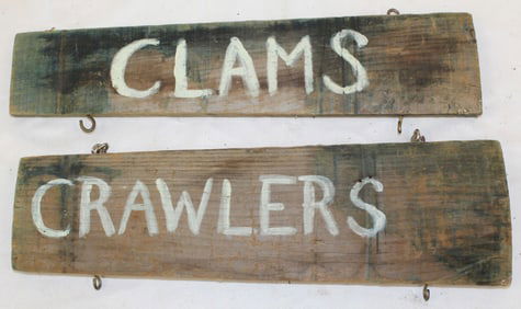 Lot of 2 small wooden painted signs "Crawlers" & "Clams" - 12" long