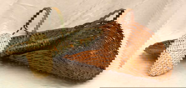 Lot of 3 baskets incl 2 flower carriers & a painted white wall pocket basket - 8"x20"x12", 9