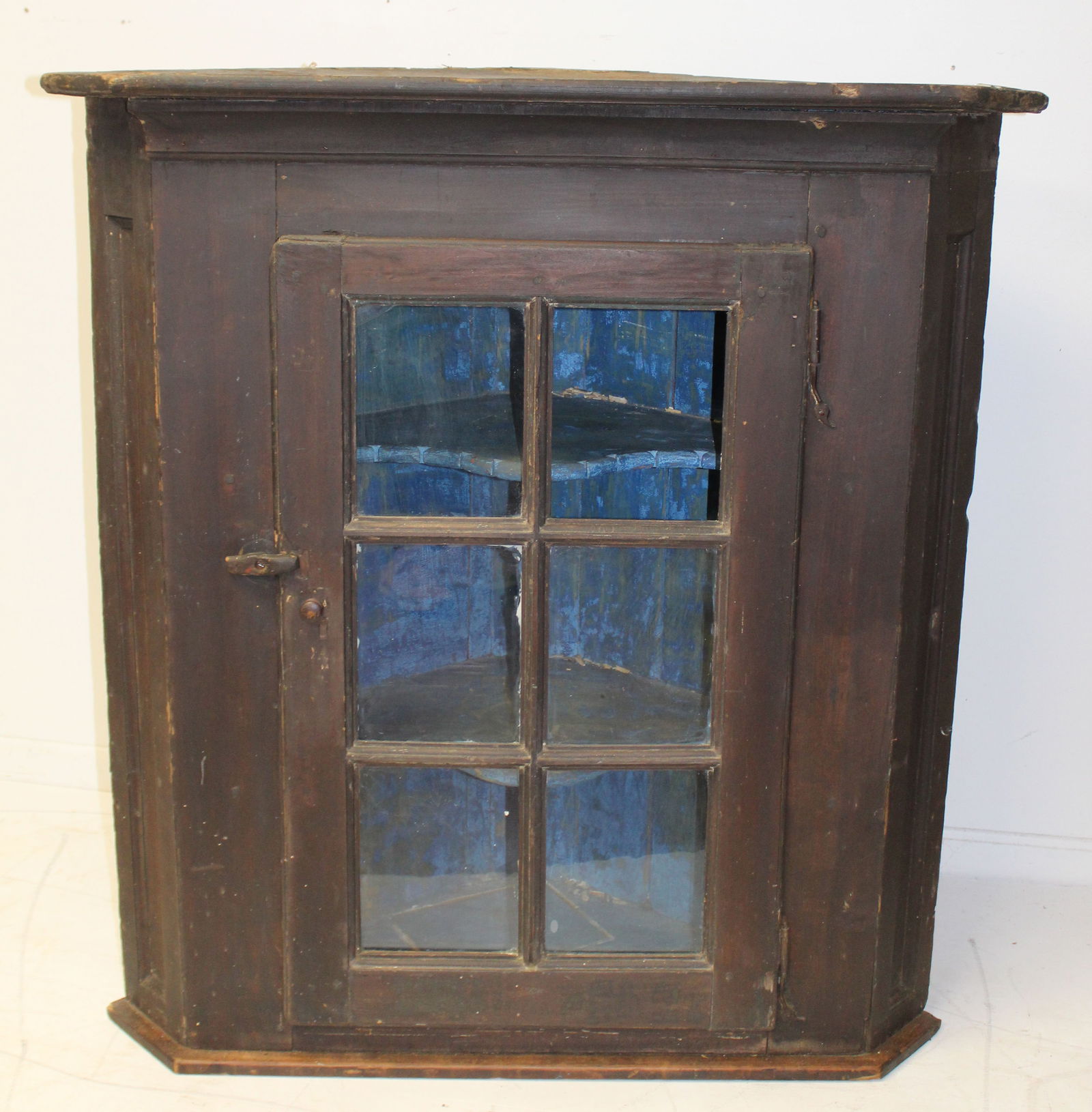 Antique corner cupboard w glazed panel door & shaped shelves w painted blue interior - 47" tall x (1 of 6)