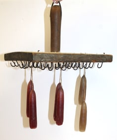 Antique wooden hanging candle dryer w iron hooks -