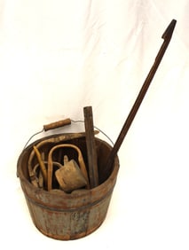 Antique bucket in blue paint w bail handle & iron band w misc treen implements - 8" tall x 11" diam