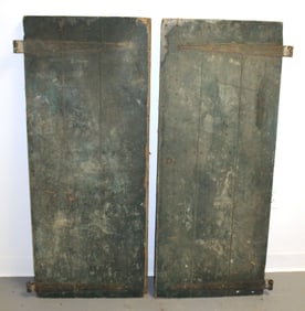 Pair of antique wooden paneled doors w old iron strap hinges in green & yellow/cream paint - 47"