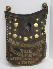 Antique leather and brass horse hames cover w brass lettering "Dan Durbin The Schafer Co Decatur