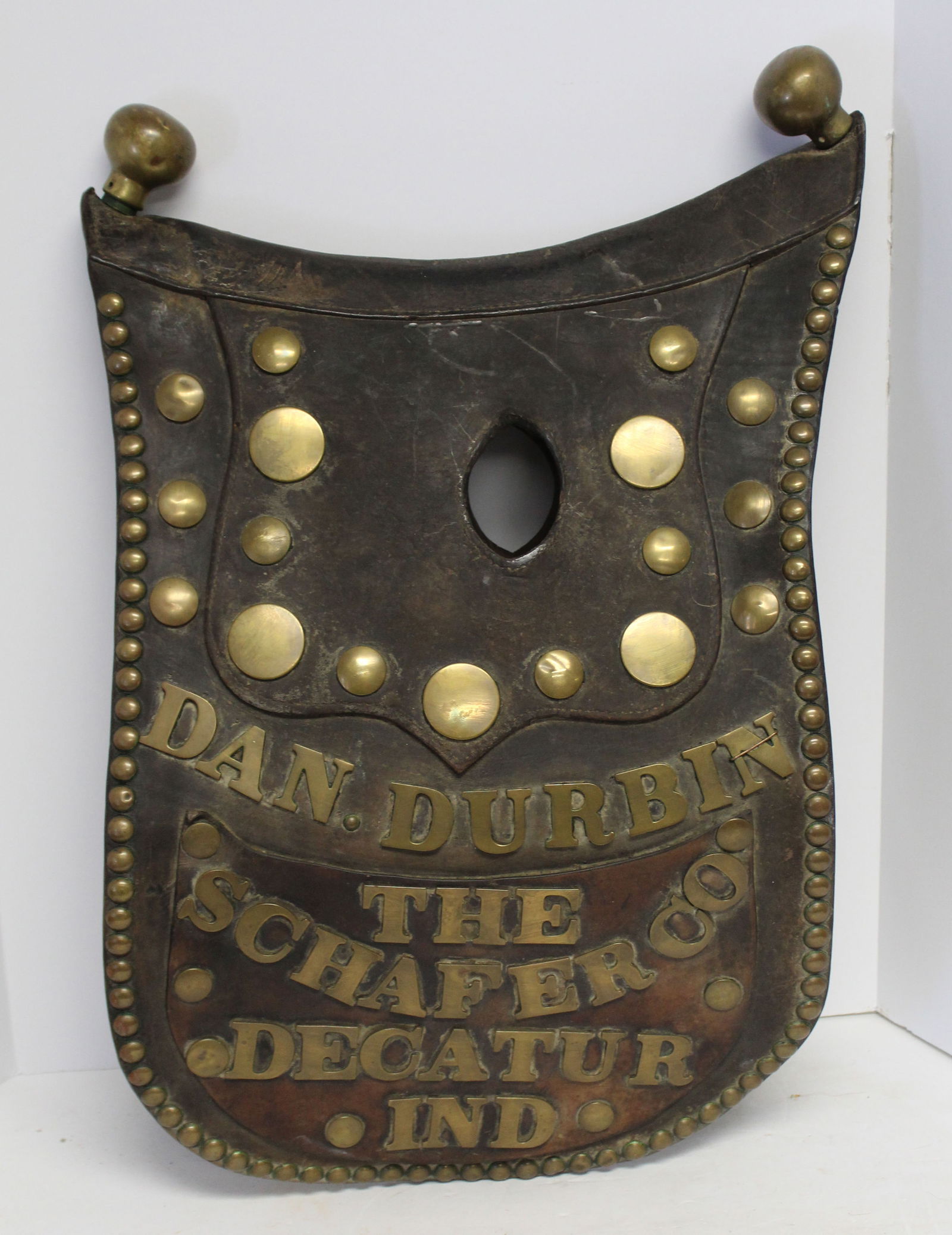 Antique leather and brass horse hames cover w brass lettering "Dan Durbin The Schafer Co Decatur (1 of 5)