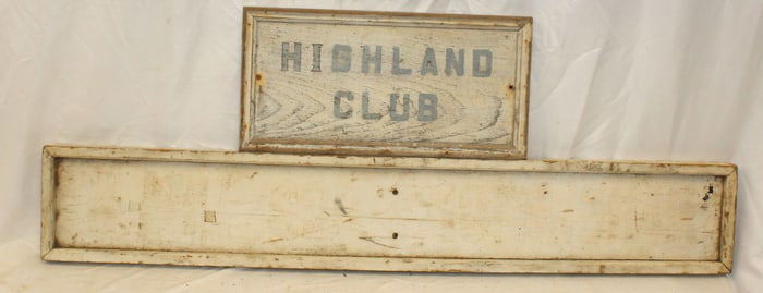 Lot of 2 antique/vintage wooden painted signs - "The Highland Club" & the other w traces of