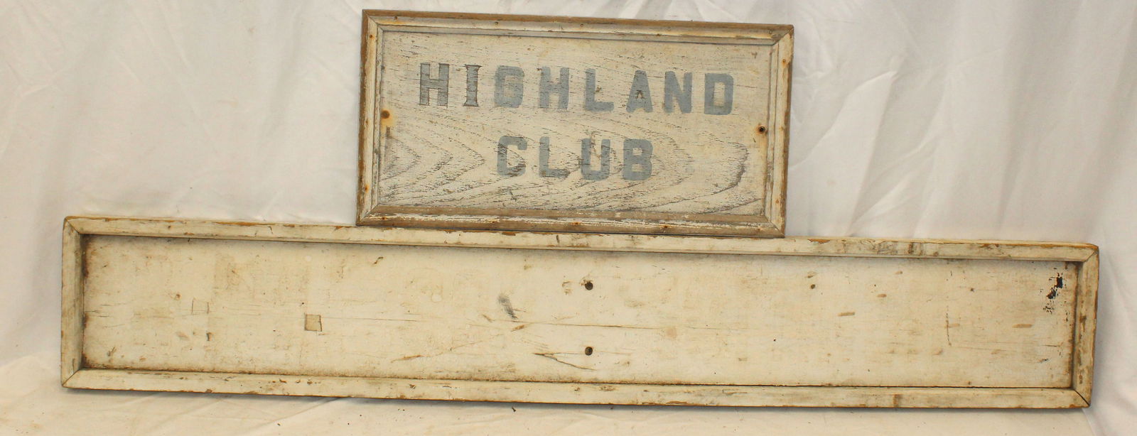 Lot of 2 antique/vintage wooden painted signs - "The Highland Club" & the other w traces of: Lot of 2 antique/vintage wooden painted signs - "The Highland Club" & the other w traces of lettering - 9 1/2" tall x 19 1/2" wide & 8"x49"