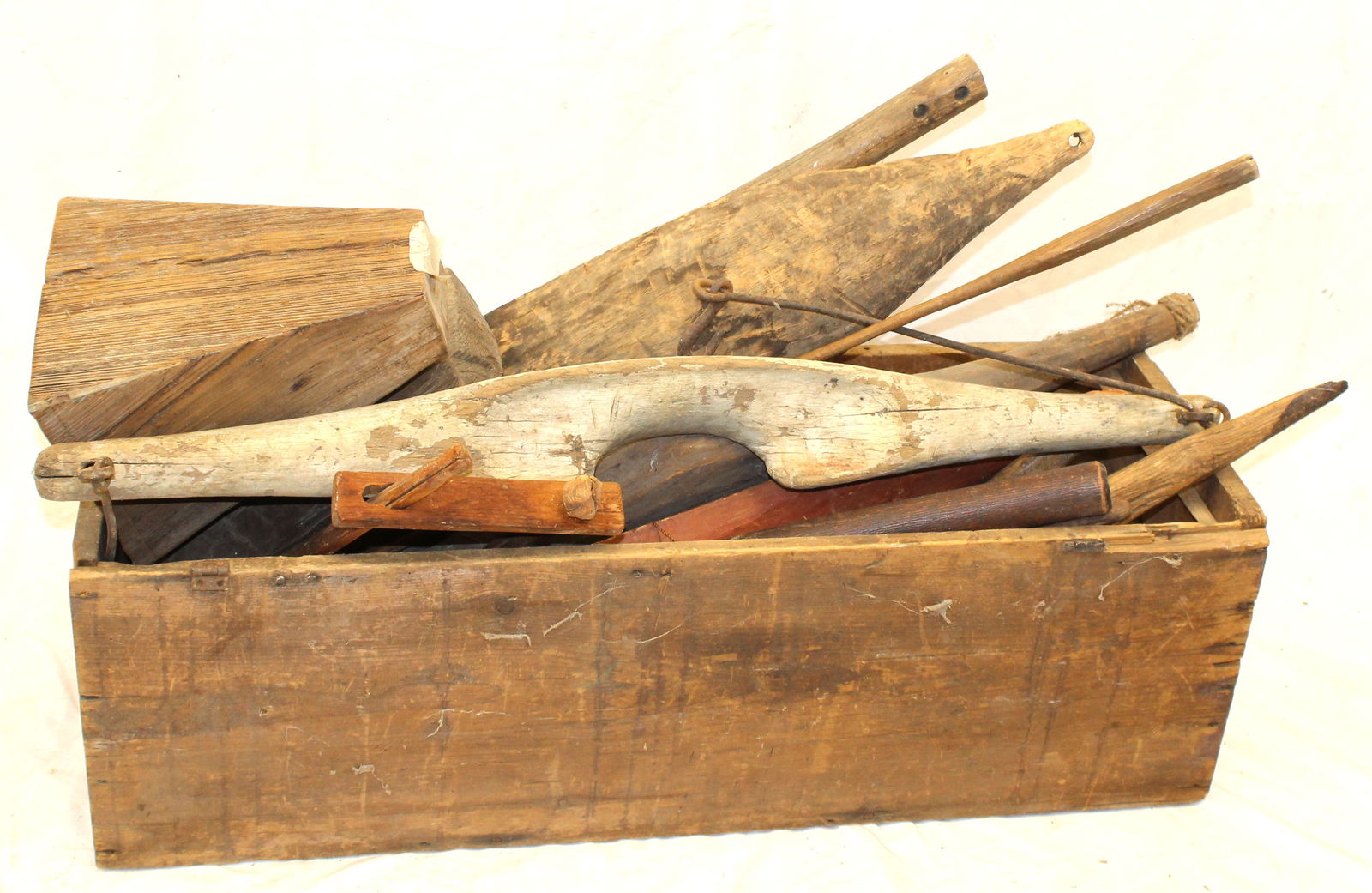 Antique treen lot in small blanket box (no lid) incl yokes, stands, etc - box is 11" tall x 36"x13" (1 of 6)