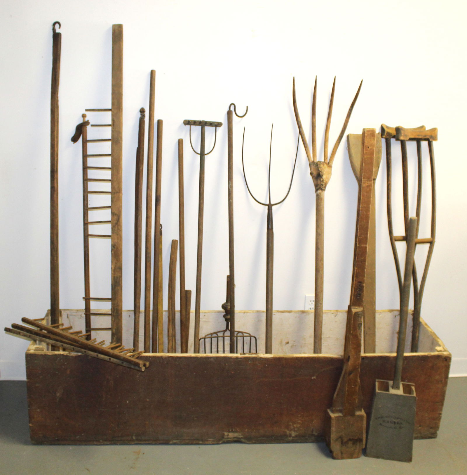 Antique grain bin (no lid) filled w antique wooden handled farm implements - grain bin is 16 1/2" (1 of 9)