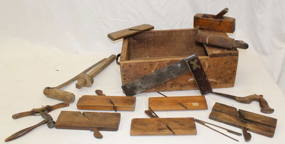 Large lot of antique wooden tools incl planes, etc in a box fragment - box measures 7" tall x
