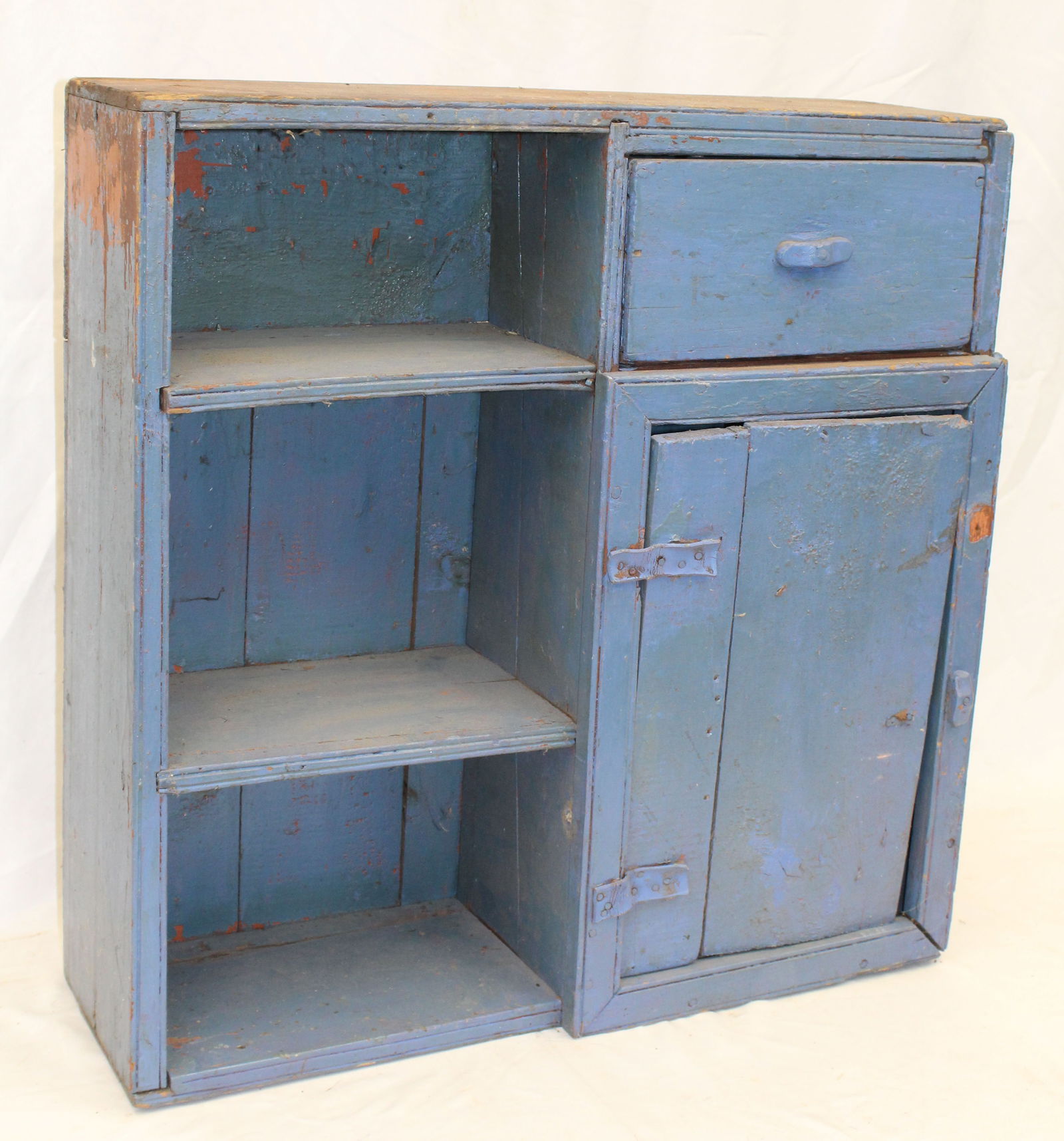 Antique small cupboard in blue paint w1 drawer over 1 door next to 3 open shelves - 26 1/2" tall x (1 of 5)