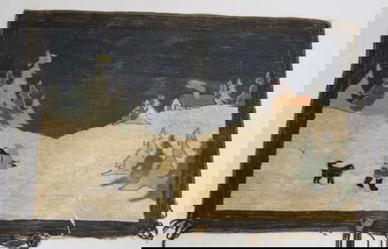 Attrib Grenfell hooked rug w winter scenic sledding motif - 27"x39"