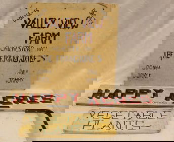 Lot of 3 wooden painted vintage signs - "Happy Acres"; "Valley View Farms" & "Plants Vegetables" -