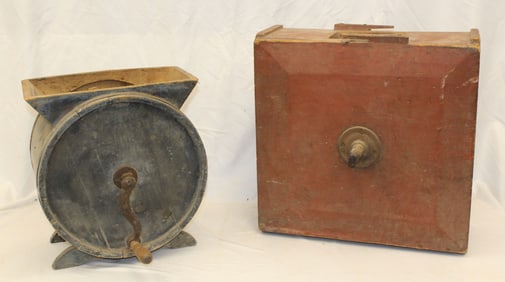 Lot of 2 wooden butter churns in blue & red paint - as found - 15"x15"x11"