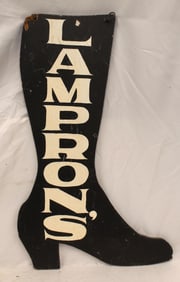 Vintage boot form sheet iron sign "Lampron's" - 32" tall x 21" wide