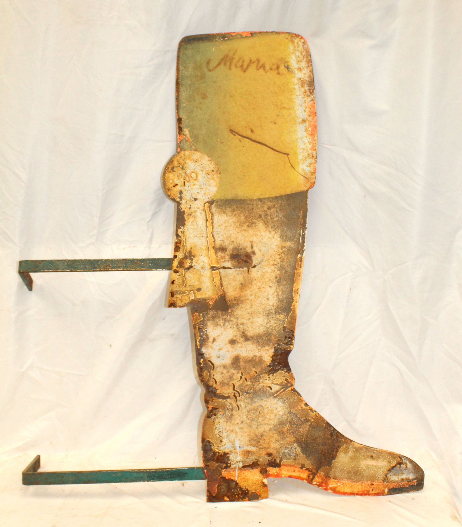 Antique boot form sheet iron sign w iron brackets - 40" tall x 32" (1 of 7)