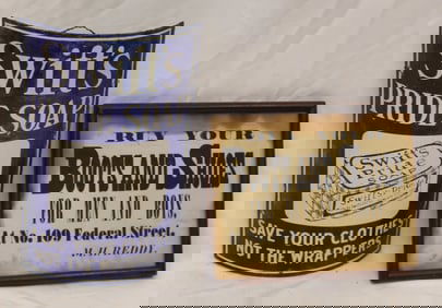 Lot of 2 vintage signs - enameled "Swift's Pride Soap" & framed paper "Boots & Shoes…" - 14"x8