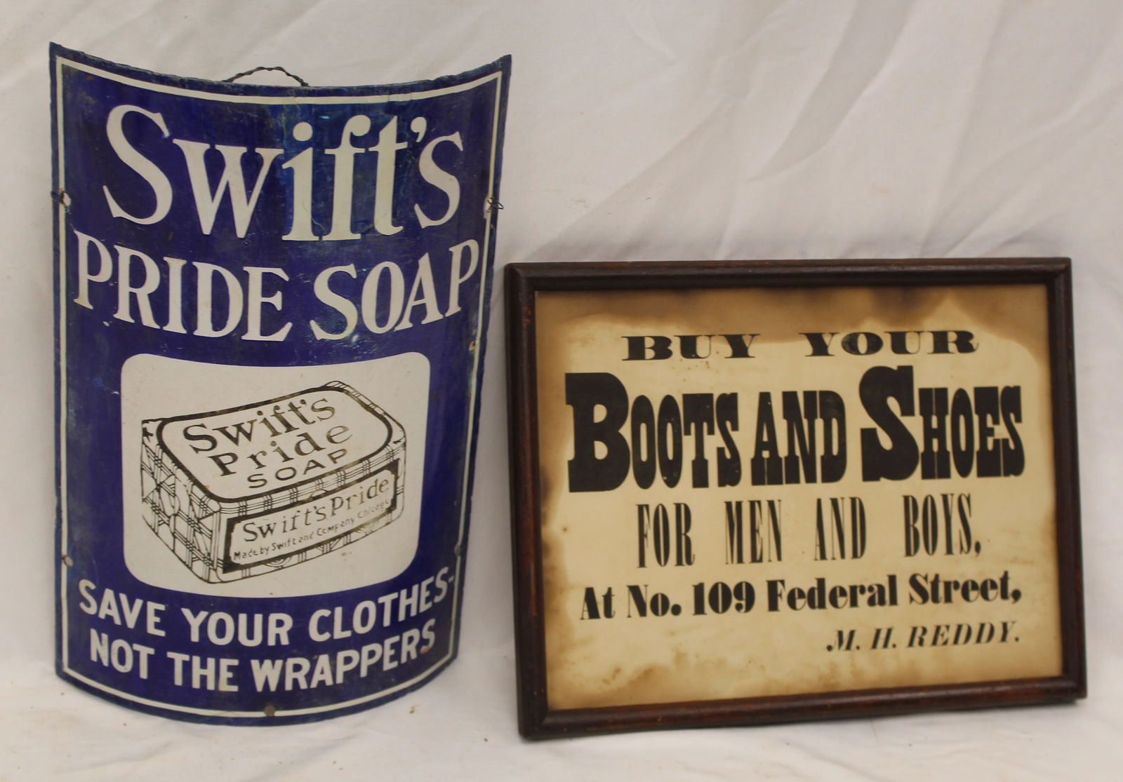 Lot of 2 vintage signs - enameled "Swift's Pride Soap" & framed paper "Boots & Shoes…" - 14"x8 (1 of 4)