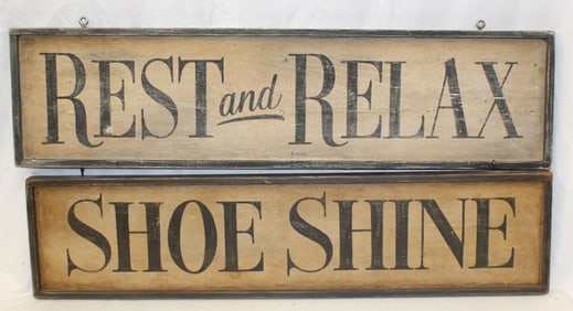 Lot of 2 wooden painted signs in the antique style signed A. Hobbs - "Rest and Relax" and "Shoe