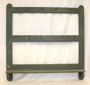 Antique wall hanging game rack in green paint w iron hooks - 42" tall x 42" x 5"