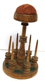 Antique wooden spool holder/pin cushion - 7 1/2" tall