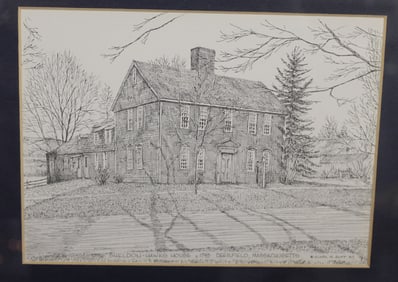Drawing of the Sheldon-Hawks House in Deerfield, MA as it looked in 1743 - drawn by Clark M Godd and