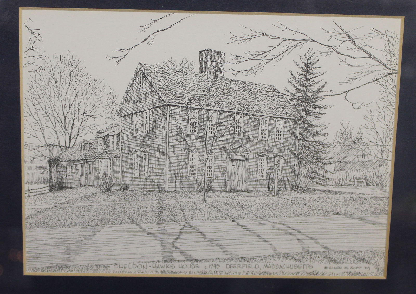 Drawing of the Sheldon-Hawks House in Deerfield, MA as it looked in 1743 - drawn by Clark M Godd and (1 of 6)
