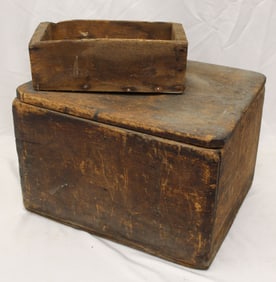 Lot of 2 antique boxes filled w Shaker mini pegs plus a book on Shakers - 4"x11 1/2"x7" &