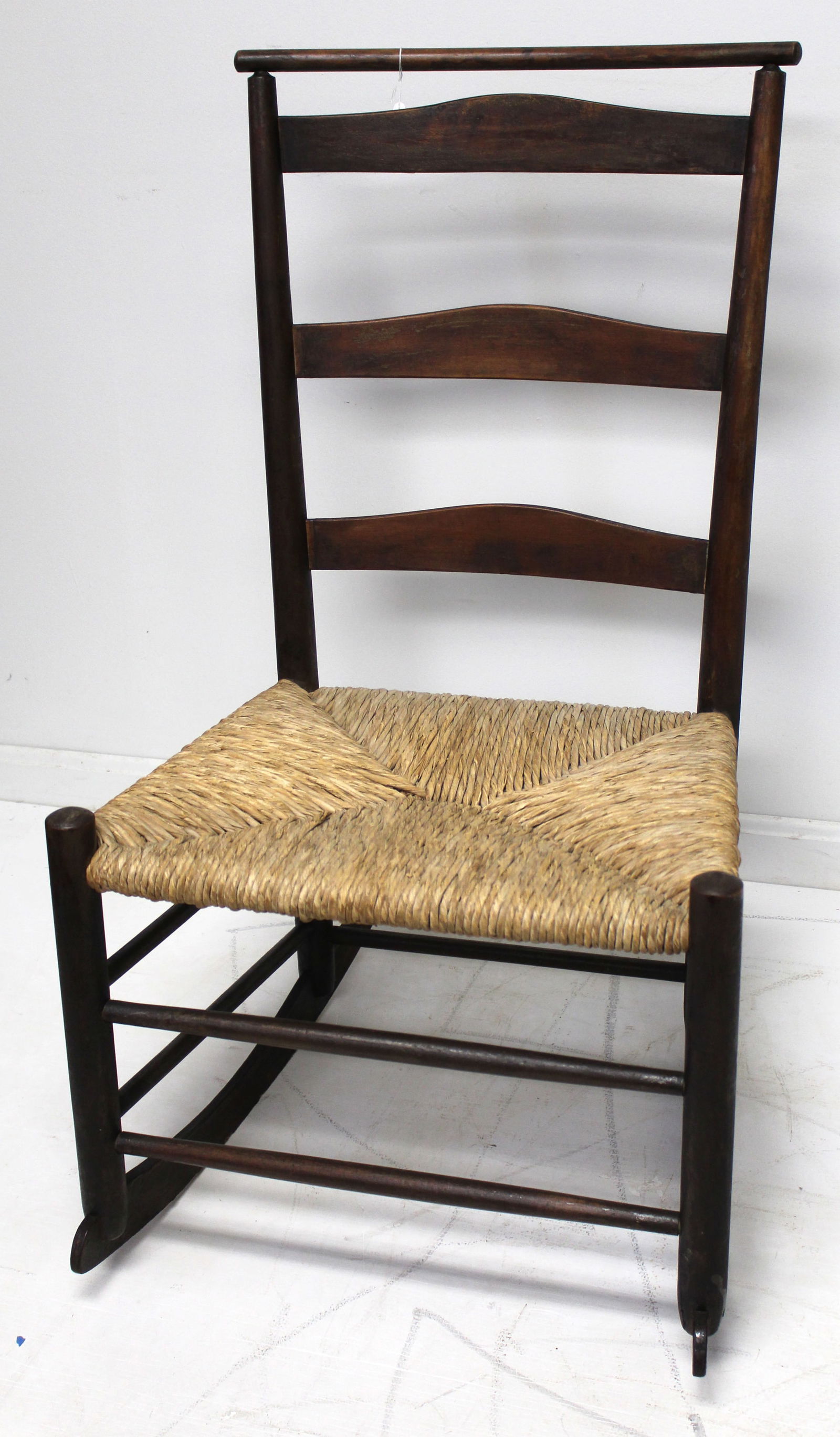 Antique No. 3 Shaker rocker in black paint w rush seat - 14" seat height x 34" (1 of 5)