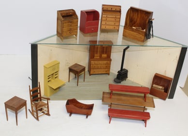 Great corner diorama display filled with miniature Shaker style furniture & accessories - diorama is