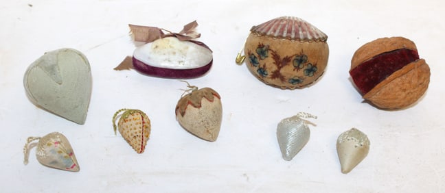 Lot of antique sewing pin cushions incl strawberries, walnut & shell forms - 1/2" - 1 1/2"