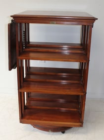 Antique mahogany rotating library stand w adjustable lift top book stand - with manuf label Sargent