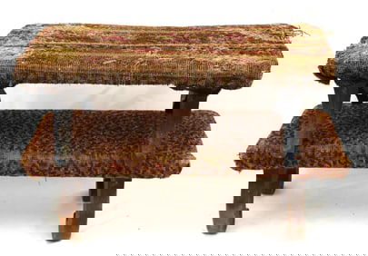 Lot of 2 fabric covered antique footstools - 6" tall x 19"x9" & 7 1/2" tall x 21"x7"