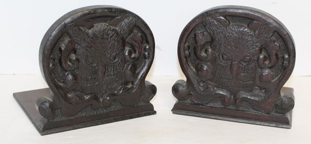 Pair of Victorian carved rosewood bookends w owl motif - 7" tall x 7 1/2" wide