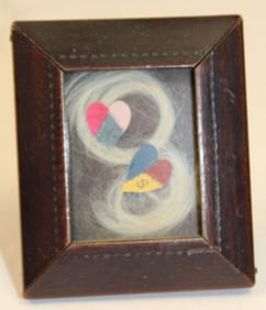 Antique small framed Sweetheart keepsake w locks of hair & 2 hearts w initials K & S -