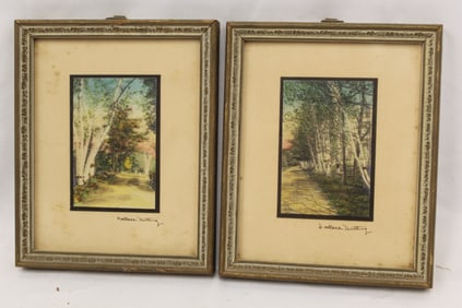 Lot of 2 miniature Wallace Nutting prints of landscapes w birch trees - overall framed size 5 1/2" x