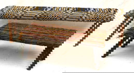 Lot of 2 antique footstools w fabric upholstered tops - 9" tall x 37"x8" & 8" tall x 20 1/2" x 8"