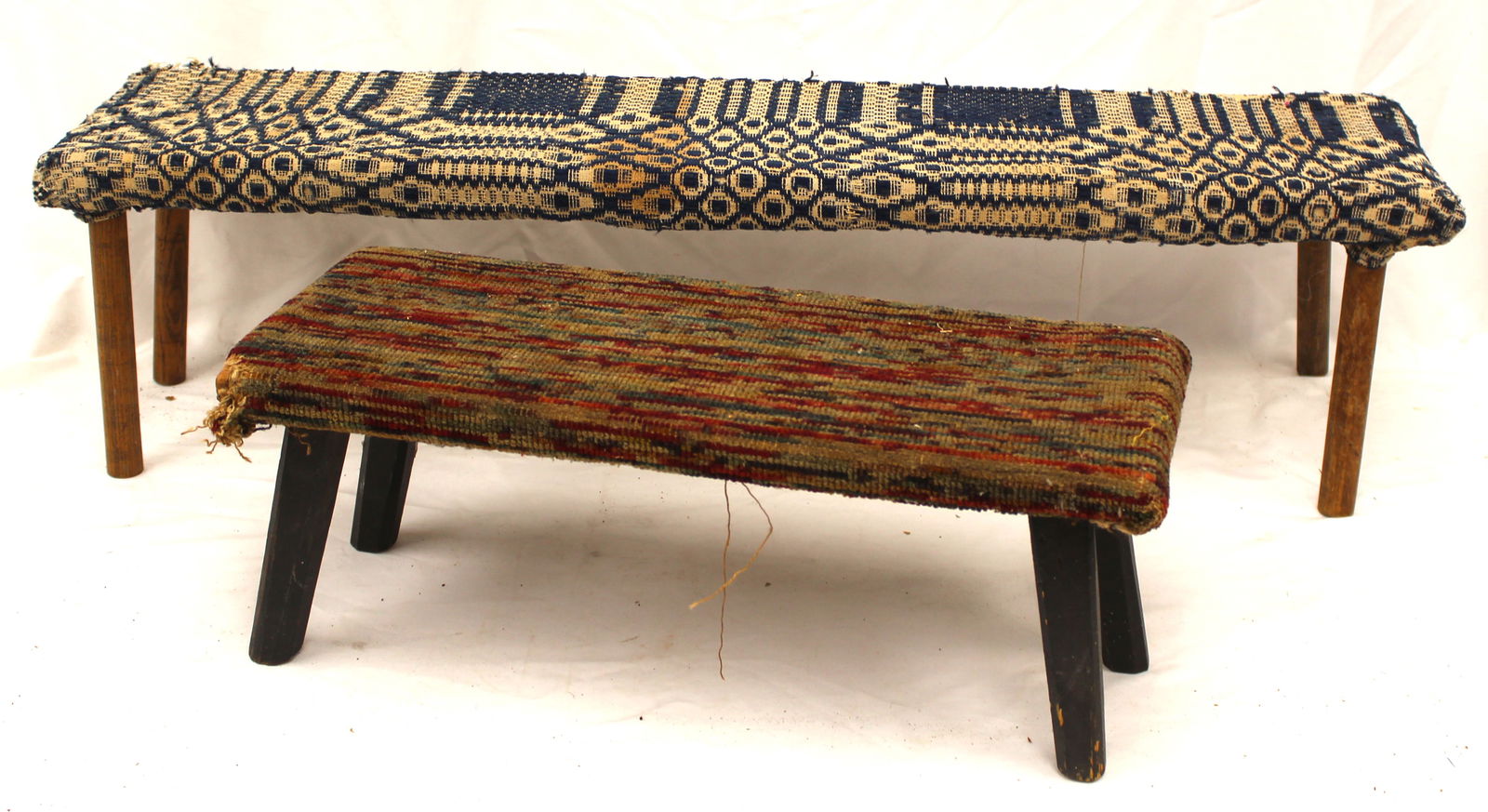 Lot of 2 antique footstools w fabric upholstered tops - 9" tall x 37"x8" & 8" tall x 20 1/2" x 8": Lot of 2 antique footstools w fabric upholstered tops - 9" tall x 37"x8" & 8" tall x 20 1/2" x 8"