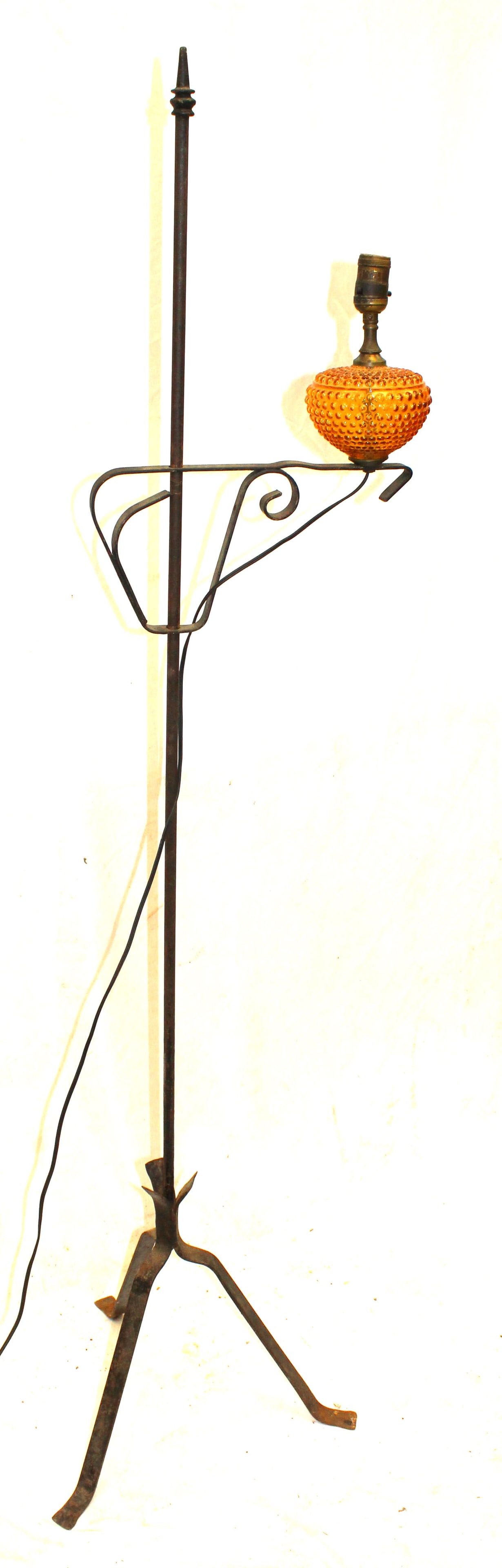Antique iron floor lamp w amber glass shade - 63 1/2" tall: Antique iron floor lamp w amber glass shade - 63 1/2" tall