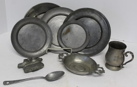 Large lot of vintage & antique pewter incl plates/chargers, cup, spoon & porringer - 4" - 11" diam