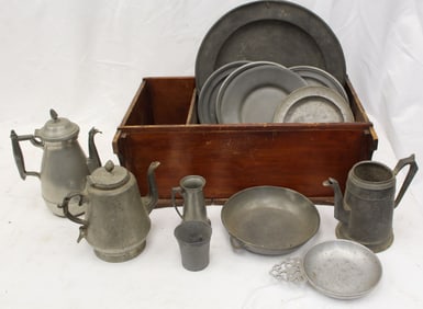Large lot of vintage & antique pewter incl plates/chargers, cups, & porringer -