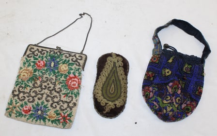 Lot of 3 vintage/antique beaded items incl 2 purses & a glass case