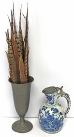 Very early Delft blue & white pitcher w pewter lid (lid is not attached)together w a pewter vase -