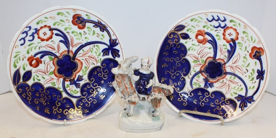 Pr of Staffordshire Gaudy Welsh plates & a Staffordshire figure on goat