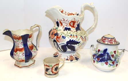 Lot of 4 pieces antique Gaudy Welsh incl 2 pitcher, sugar & small cup