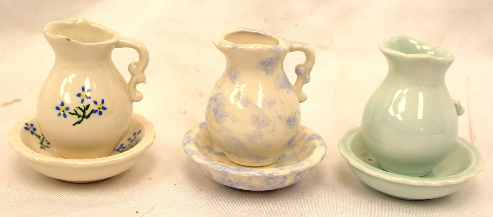 Lot of 3 miniature porcelain pitcher & bowl sets - 1 as found - 1 3/4" tall (1 of 7)